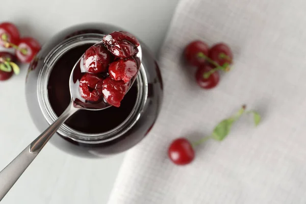 Spoon Pickled Cherries Table Top View — Stock Photo, Image