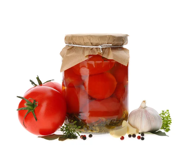 Pot Tomates Marinées Ingrédients Frais Sur Fond Blanc — Photo