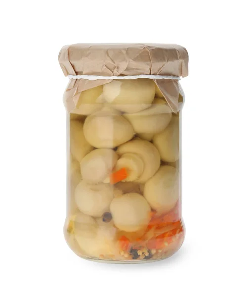 Tarro Champiñones Escabeche Aislados Blanco — Foto de Stock