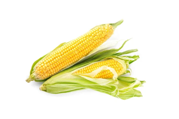 Ripe Raw Corn Cobs Husk White Background — Stock Photo, Image