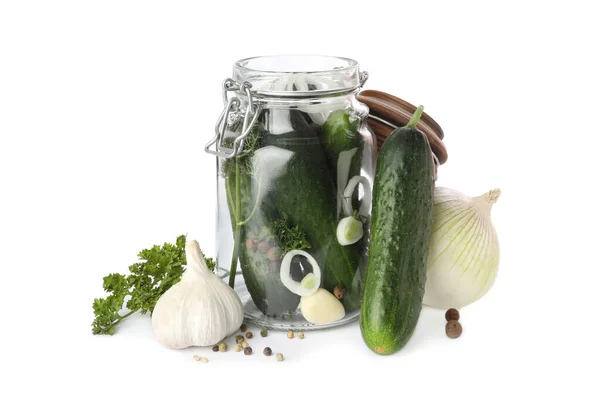 Pickling jar with fresh ripe cucumbers and spices on white background — Stock Image Pickling Jar Fresh Ripe Cucumbers Spices White Background Royalty Free Stock Images