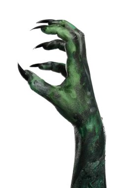 Beyaz arka planda korkunç bir canavar, yakın plan. Cadılar Bayramı karakteri