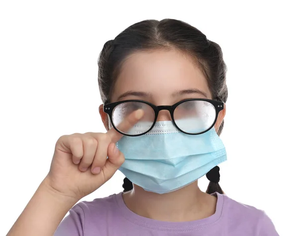 Little Girl Wiping Foggy Glasses Caused Wearing Medical Face Mask — Stock Photo, Image