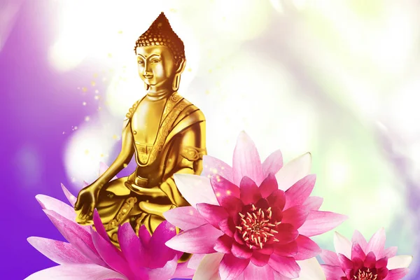 Buddha Figur Och Lotus Blommor Ljus Bakgrund — Stockfoto