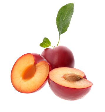 Tümü ve kesilmiş erikler ve yeşil yapraklar beyaz üzerine izole edilmiş.