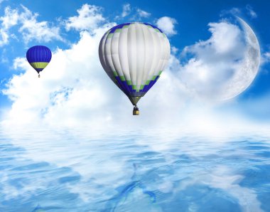 Harika rüyalar. Mavi gökyüzünde sıcak hava balonları Bulutlar ve deniz üzerinde hilal