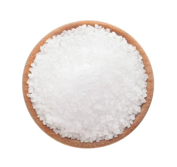 Wooden Bowl Natural Salt Isolated White Top View — Stock Photo, Image