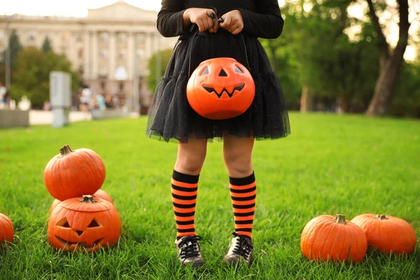 Malá Holka Dýňovým Kbelíkem Bonbóny Halloweenském Kostýmu Parku Detailní Záběr — Stock fotografie