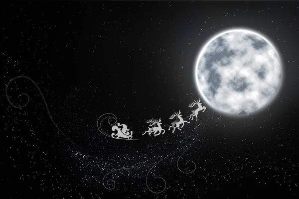 Nochebuena Mágica Santa Con Renos Volando Cielo Noche Luna Llena — Foto de Stock