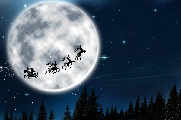 Nochebuena Mágica Santa Con Renos Volando Cielo Noche Luna Llena — Foto de Stock