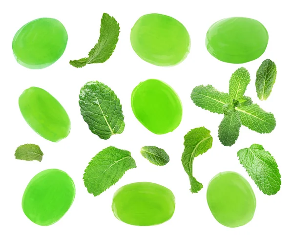 Set Mint Hard Candies Green Leaves White Background — Stock Photo, Image