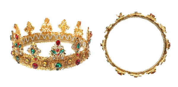Prachtige Kroon Met Edelstenen Witte Achtergrond Zij Bovenaanzicht — Stockfoto