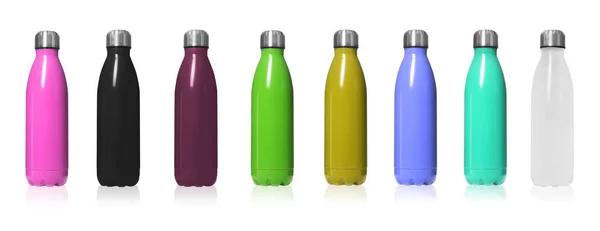 Set Botellas Termo Modernas Diferentes Colores Sobre Fondo Blanco Diseño — Foto de Stock