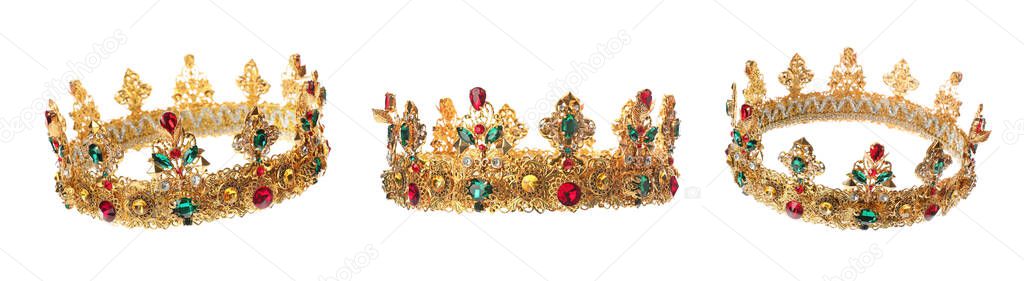 Beautiful crown with gemstones on white background, views from different sides