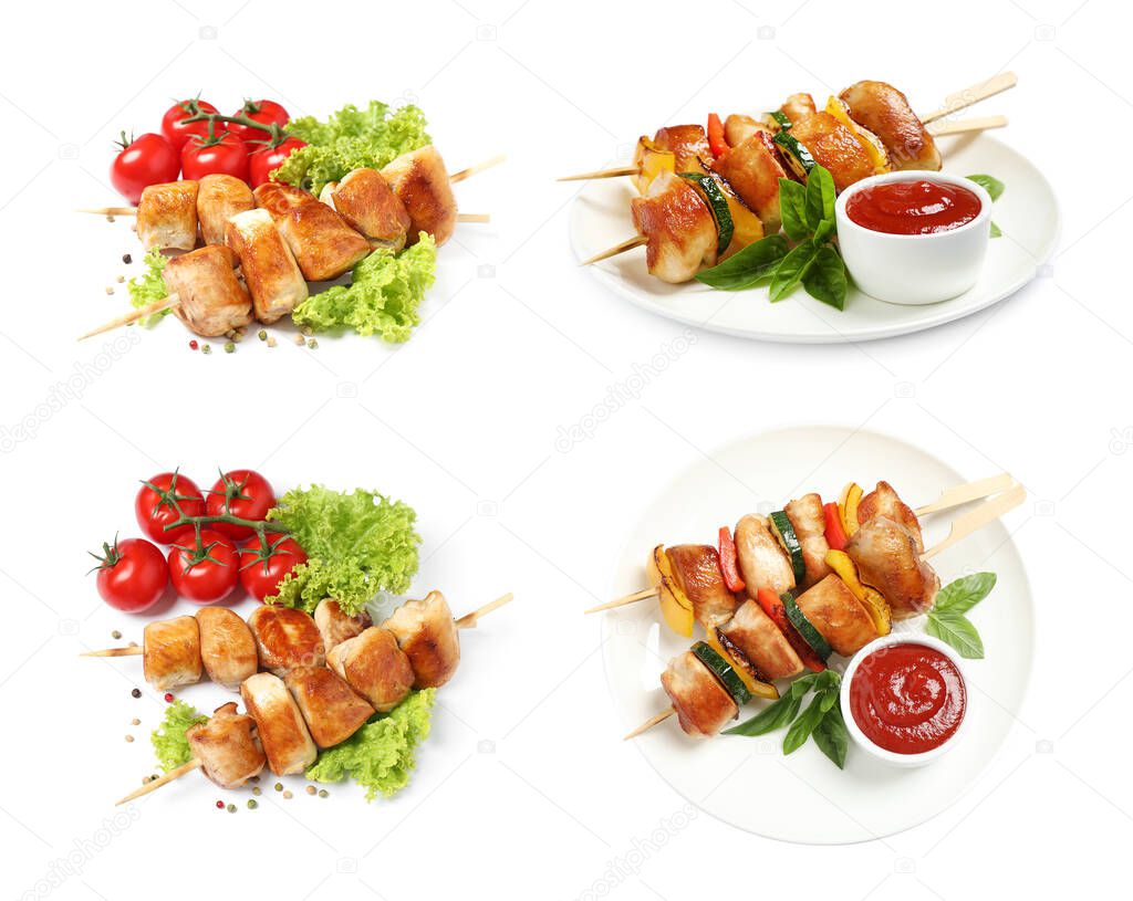 Set of delicious chicken shish kebabs on white background