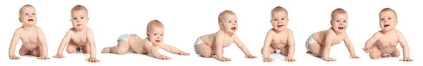 Collage Photos Cute Baby Crawling White Background Banner Design — Stock Photo, Image
