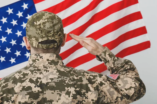 Soldier Uniform United States America Flag White Background Back View — Stock Photo, Image