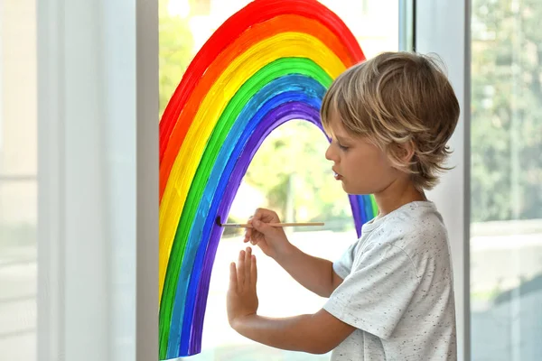 Little Boy Drawing Rainbow Window Stay Home Concept — Stock Photo, Image