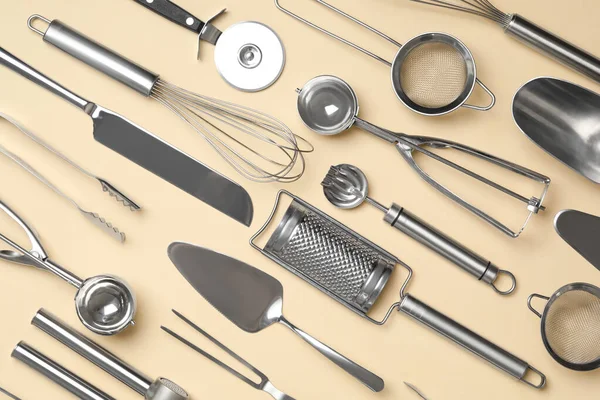 Set Modern Cooking Utensils Beige Background Flat Lay — Stock Photo, Image