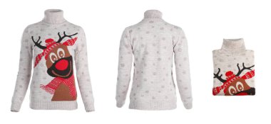 Beyaz arka planda sıcak Noel süveteri olan bir kolaj. Pankart tasarımı