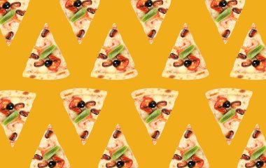 Sarı arka planda deniz mahsullü pizza dilimleri. Desen tasarımı 