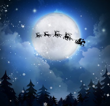 Sihirli Noel arifesi. Noel Baba ve ren geyikleri dolunayda gökyüzünde uçuyor.