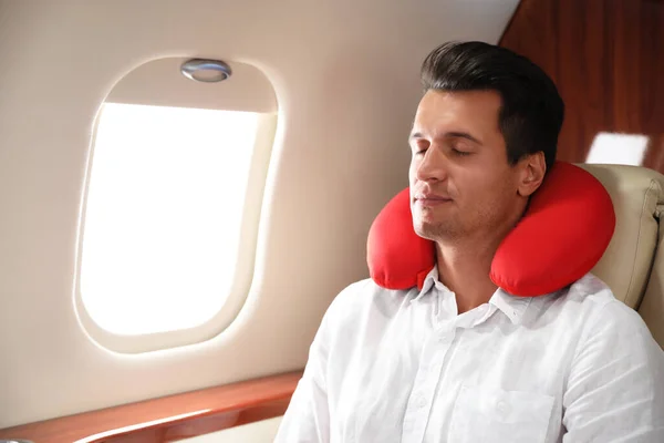 Handsome Man Neck Pillow Sleeping Flight Ait Travel — Stock Photo, Image