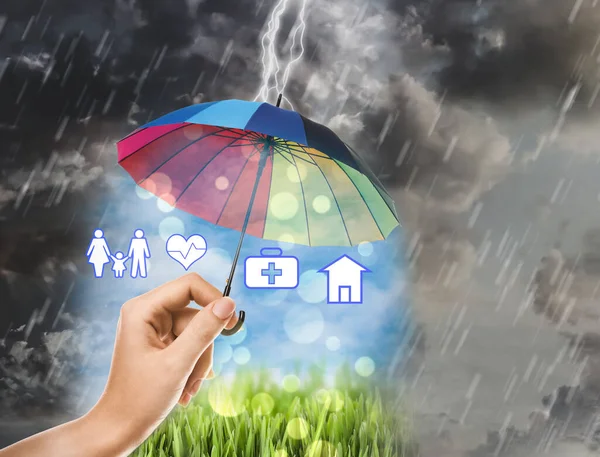 Insurance Agent Protecting Illustrations Rainbow Umbrella Storm Closeup — Stock Photo, Image