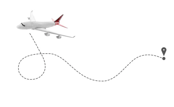 Εικόνα Κατεύθυνσης Πτήσης Αεροπλάνο Και Καρφίτσα Συνδέεται Διακεκομμένη Γραμμή Λευκό — Φωτογραφία Αρχείου