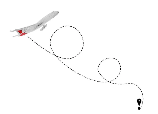 飞行方向图解 在白色背景上以虚线连接的平面和销 — 图库照片