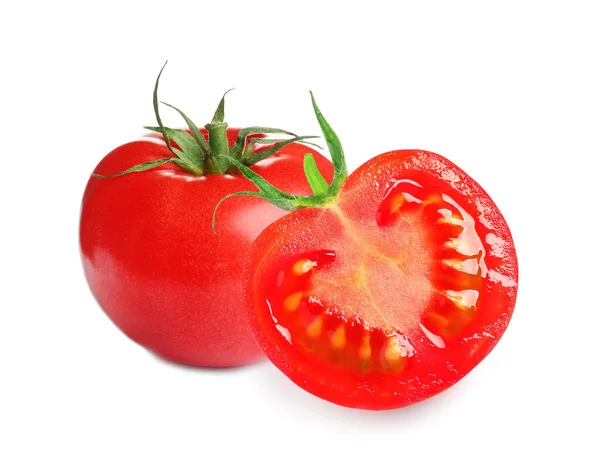 Ganze Und Geschnittene Frische Tomaten Auf Weißem Hintergrund — Stockfoto