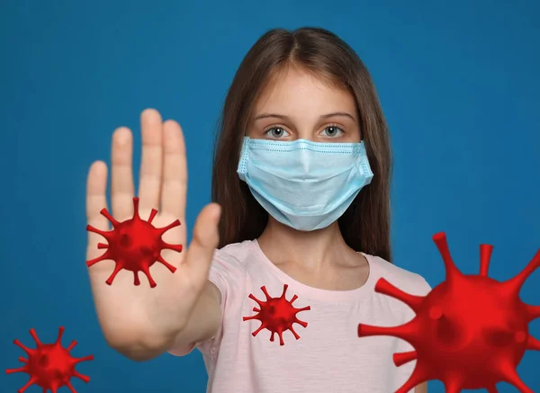 Stop Covid Outbreak Little Girl Wearing Medical Mask Surrounded Virus — Stock Photo, Image