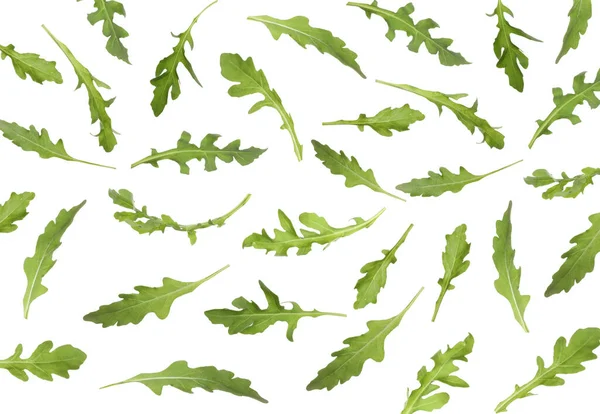 Wiele Zielonych Liści Rukoli Spadających Białe Tło — Zdjęcie stockowe