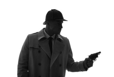 Beyaz arka planda tabancası olan eski moda dedektif.