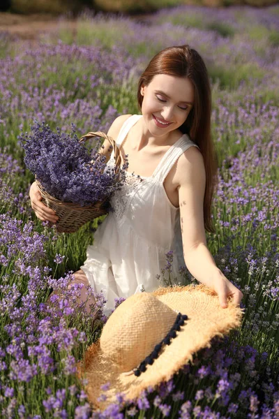 年轻女子 戴着草帽 柳条筐 田里盛满了薰衣草花 — 图库照片