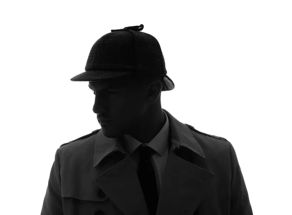 Altmodischer Detektiv Mit Hut Auf Weißem Hintergrund — Stockfoto