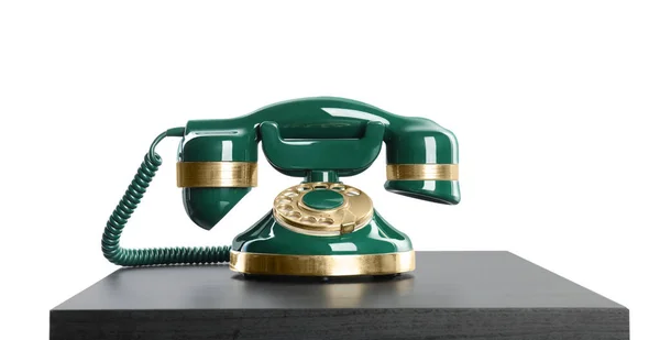 Groene Vintage Bekabelde Telefoon Kleine Zwarte Tafel Tegen Witte Achtergrond — Stockfoto