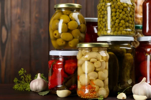 Jars Pickled Vegetables Wooden Table — Stock Photo, Image