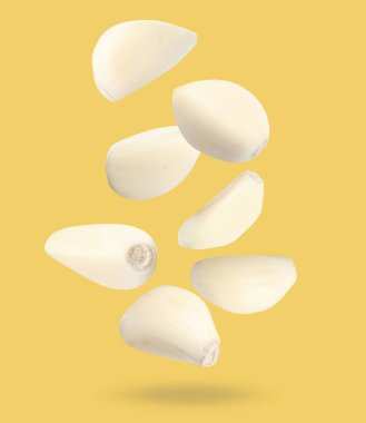 Sarı arka planda bir sürü sarımsaklı karanfil var.