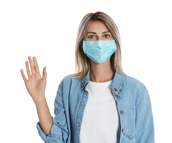 마스크를 배경에 표시를 코로나 바이러스 유행병이 유행하는 사회적 거리를 유지하는 — 스톡 사진