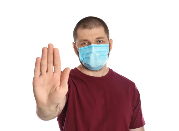 Man Protective Mask Showing Stop Gesture White Background Prevent Spreading — Stock Photo, Image