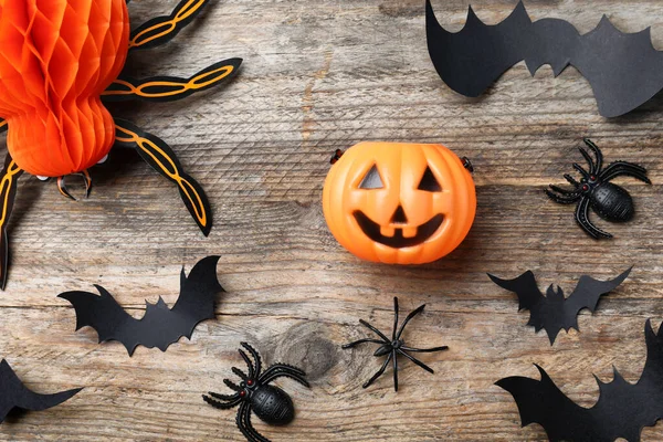 Halloween Decor Elementen Houten Ondergrond Vlakke Lay — Stockfoto