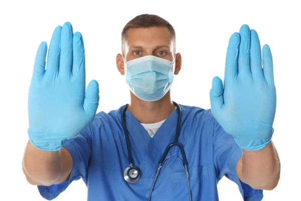 Arzt Schutzmaske Mit Stop Geste Auf Weißem Hintergrund Verhinderung Der — Stockfoto