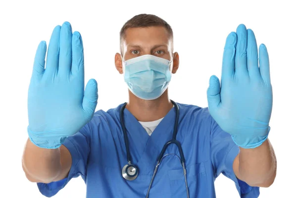 Dokter Beschermend Masker Toont Stop Gebaar Witte Achtergrond Voorkomen Van — Stockfoto