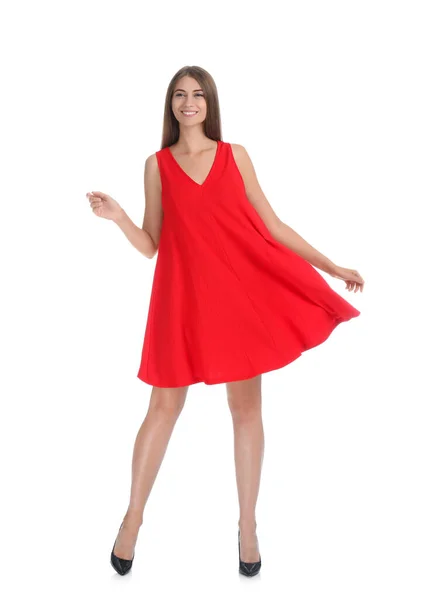 Jovem Mulher Vestindo Elegante Vestido Vermelho Fundo Branco — Fotografia de Stock