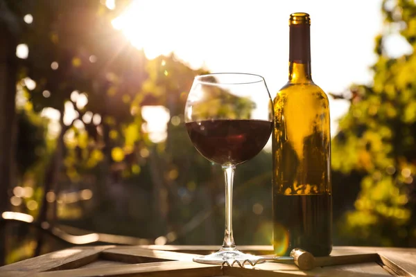 Bottle Glass Red Wine Wooden Table Vineyard — Stock Photo, Image