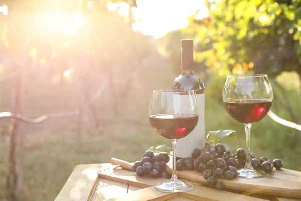 Sammansättning Med Vin Och Mogna Druvor Träbord Vingården — Stockfoto