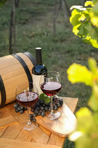 Composizione Con Vino Uva Matura Tavola Legno Vigna — Foto Stock