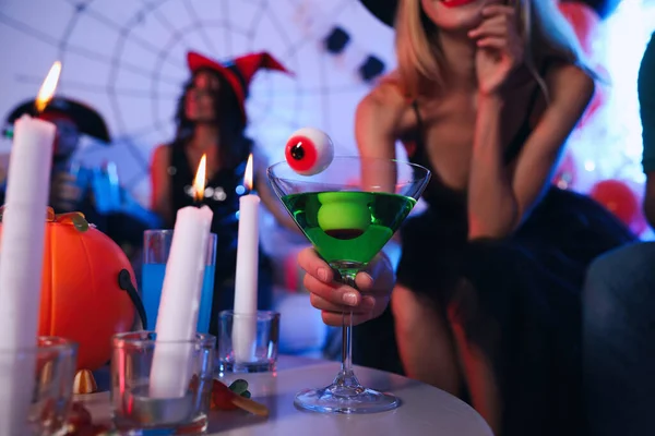 Woman Holding Cocktail Jelly Eyeballs Halloween Party Closeup — Stock Photo, Image