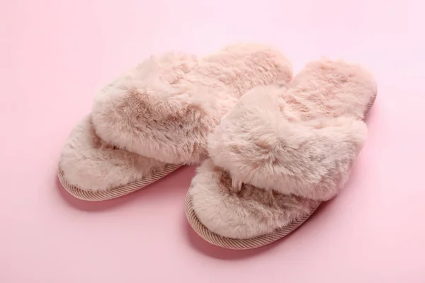 Pair Stylish Soft Slippers Pink Background — Stock Photo, Image
